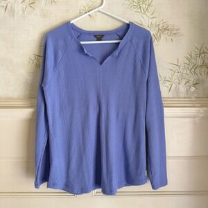 Eddie Bauer Womens Waffle Knit Thermal Top Periwinkle Blue Split V-Neck Large